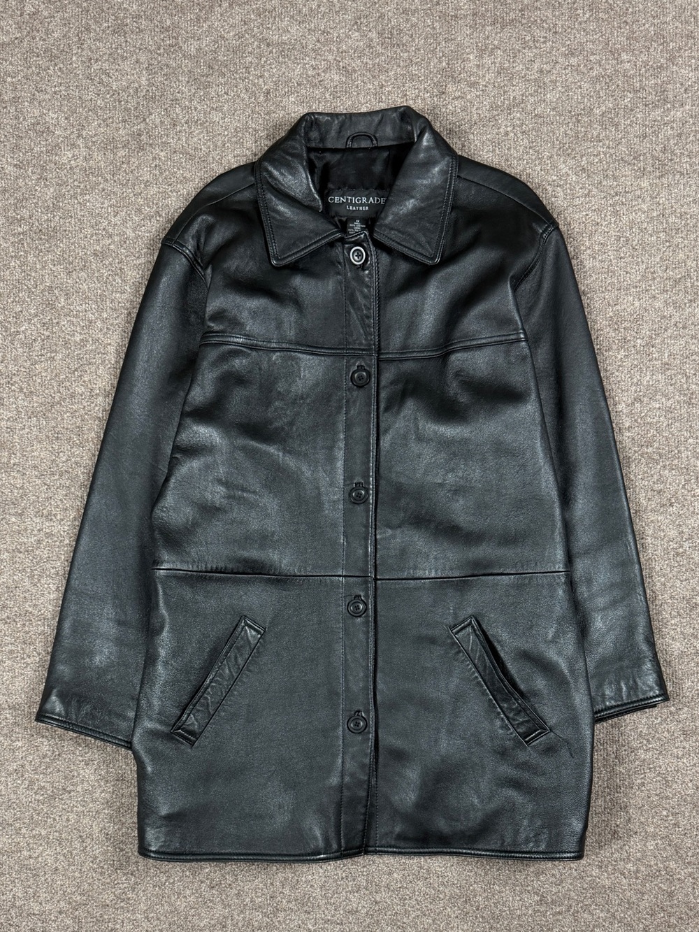 Centigrade Black Leather Mid Length Button Up Collared Jacket Women’s 1X Y2K 90s